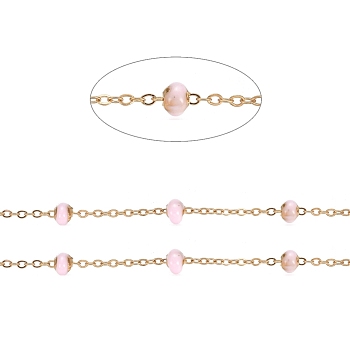 Stainless Steel Satellite Chains, with Enamel Beads and Spool, Soldered, Long-Lasting Plated, Flat Round, Golden, Pearl Pink, 1.5x1.2x0.3mm, about 32.8 Feet(10m)/roll