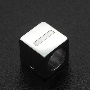 201 Stainless Steel European Beads, Large Hole Beads, Horizontal Hole, Cube, Stainless Steel Color, Letter.I, 7x7x7mm, Hole: 5mm