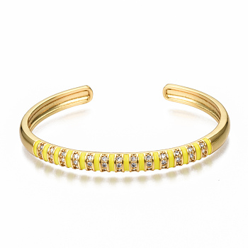 Brass Micro Pave Clear Cubic Zirconia Cuff Bangles, with Enamel, Nickel Free, Real 16K Gold Plated, Yellow, Inner Diameter: 2-3/8x1-3/4 inch(5.9x4.5cm)
