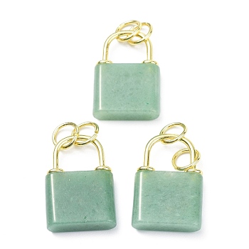 Natural Green Aventurine Pendants, with Golden Brass Findings and Jump Rings, Cadmium Free & Lead Free, Lock, 27x18x5.5mm, Hole: 6mm