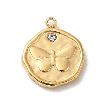 304 Stainless Steel Pendants, with Crystal Rhinestone, Flat Round with Butterfly, Real 14K Gold Plated, 15x12.5x2mm, Hole: 1.4mm