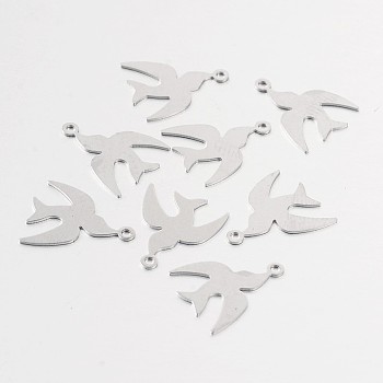 Bird 316 Surgical Stainless Steel Filigree Charms, Stainless Steel Color, 14x11x0.5mm, Hole: 0.5mm