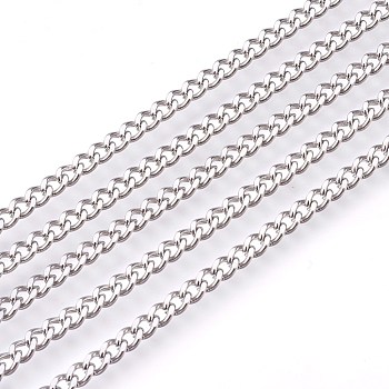 201 Stainless Steel Curb Chains, Unwelded, Faceted, Stainless Steel Color, 3mm