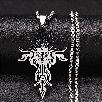 304 Stainless Steel Pendant Necklaces for Women Men, Demon with Cross, Stainless Steel Color, 19.53 inch(49.6cm)