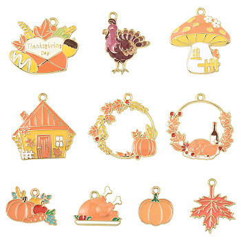 10Pcs 10 Styles Thanksgiving Day Theme Alloy Enamel Pendants, Light Gold, Lead Free & Cadmium Free, Orange Color, Mixed Shapes, 16~30x15.5~31x1~4mm, Hole: 1.6~2mm, 1pc/style