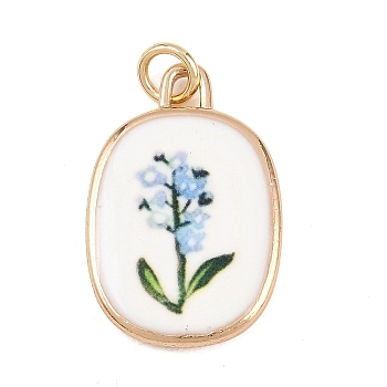 Brass Enamel Pendants, Oval with Flower Charms, Light Gold, Blue, 27x18x3.5mm, Jump Ring: 6x1mm, 4mm inner diameter