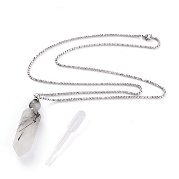 Natural Tourmalinated Quartz/Black Rutilated Quartz Openable Perfume Bottle Pendant Necklaces, with 304 Stainless Steel Box Chains and Plastic Dropper, Faceted, Bullet, Stainless Steel Color, 27.75 inch(70.5cm), Bottle Capacity: 2~3ml(0.06~0.1 fl. oz)