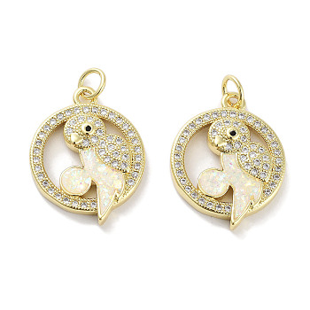 Brass Micro Pave Clear Cubic Zirconia Pendants, with Synthetic Opal and Jump Rings, Real 18K Gold Plated, Ring with Bird Charms, White, 21.5x16.5x4mm, Hole: 3mm
