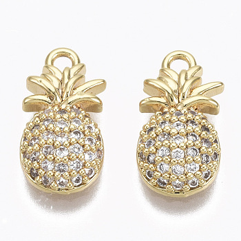 Brass Micro Pave Cubic Zirconia Charms, Nickel Free, Pineapple, Real 18K Gold Plated, Clear, 12.5x7x3mm, Hole: 1.4mm