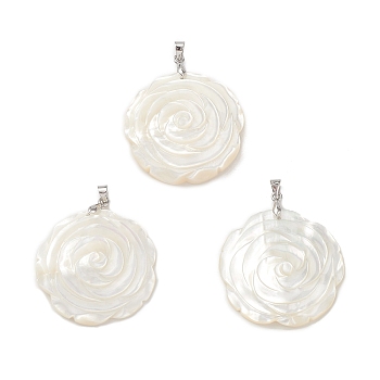 Natural White Shell Pendants, Flower Rose Charms, with Brass Snap on Bails, Cadmium Free & Lead Free, Platinum, 35x5mm, Hole: 4.5x3.5mm