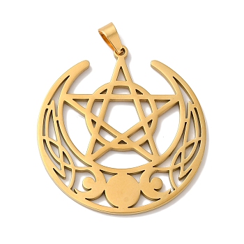 304 Stainless Steel Pendants, Laser Cut, Triple Moon with Star Charm, Real 18K Gold Plated, 35x33x1mm, Hole: 5x3mm