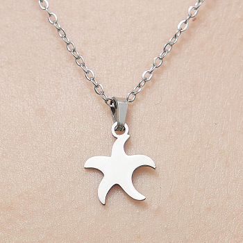 201 Stainless Steel Starfish Pendant Necklace, Stainless Steel Color, 17.72 inch(45cm)