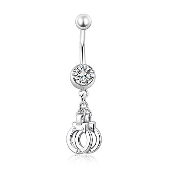 Piercing Jewelry Real Platinum Plated Brass Rhinestone Handcuffs Navel Ring Belly Rings, Crystal, 43x9mm, Bar Length: 3/8"(10mm), Bar: 14 Gauge(1.6mm)