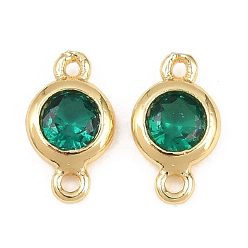 Brass Pave Cubic Zirconia Connector Charms, Real 18K Gold Plated, Long-Lasting Plated, Flat Round, Green, 5x2mm, Hole: 1mm