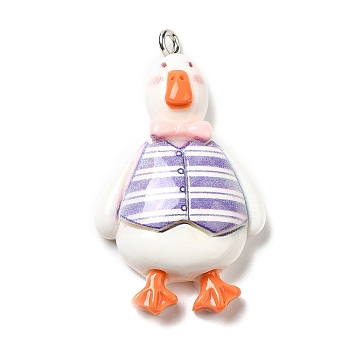 Opaque Resin Pendants, Duck Charms with Platinum Tone Iron Loops, Medium Purple, 38~41x22~23x8~9mm, Hole: 2mm