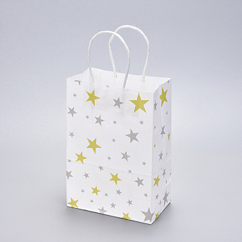 Paper Bags, with Handles, Gift Bags, Shopping Bags, Rectangle, White, Star Pattern, 15x8x21cm