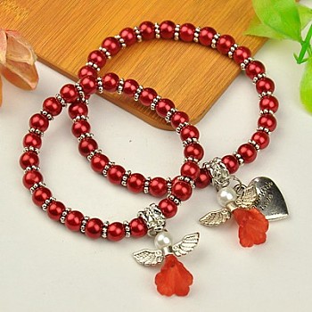Lovely Wedding Dress Angel Jewelry Sets for Mother and Daughter, Stretch Bracelets, with Glass Pearl Beads and Tibetan Style Beads, FireBrick, 45mm and 55mm inner diameter