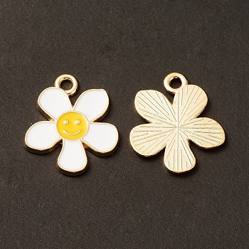 Alloy Enamel Pendants, Flower with Smiling Face Charm, Cadmium Free & Nickel Free & Lead Free, Golden, White, 21.2~21.3x18x1.4~1.5mm, Hole: 2~2.2mm