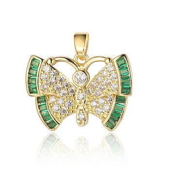 3Pcs Brass Micro Pave Cubic Zirconia Pendants, Butterfly Charms, Real 18K Gold Plated, 22x16x2.4mm