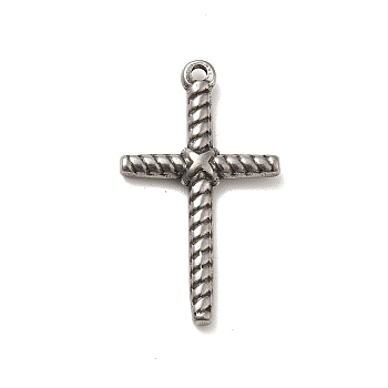 304 Stainless Steel Pendants, Cross Charms, Stainless Steel Color, 26x15x3mm, Hole: 1.5mm