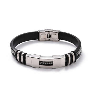 Men's Silicone Cord Bracelet, Titanium Steel Curved Tube Beads Friendship Bracelet, Black, Stainless Steel Color, 8-7/8 inch(22.5cm)