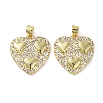 Brass Micro Pave Clear Cubic Zirconia Pendants, Heart, Real 16K Gold Plated, 25x19.5x3mm, Hole: 4x3.5mm