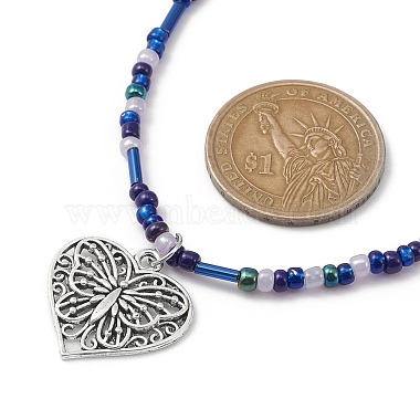 Tibetan Style Alloy Heart with Butterfly Pendant Necklace with Seed Beaded Chains(NJEW-JN04341)-4