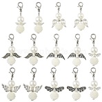14Pcs 7 Styles ABS Plastic Imitation Pearl & Alloy Pendant Decorations, Angel, with Alloy Lobster Claw Clasps, Silver, 35~37mm, 2pcs/style(HJEW-FS00042-02)