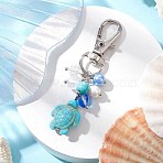 Sea Turtle Synthetic Turquoise Pendants Decoration, with Glass Beads and Alloy Swivel Lobster Claw Clasps, Turquoise, 62mm(HJEW-JM03009-03)