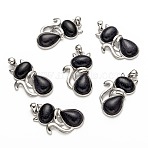 Synthetic Blue Goldstone Kitten Pendants, with Brass Findings, Cat Silhouette Shape, Platinum, 45x27x8mm, Hole: 5x7mm(X-G-P352-B03)