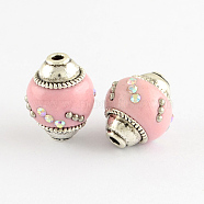 Handmade Indonesia Beads, with Rhinestones and Alloy Cores, Oval, Antique Silver, Pink, 15~17x14mm, Hole: 2mm(IPDL-R422-02)