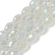 Opaque Solid Color Electroplate Glass Beads Strands, AB Color Plated, Faceted, Teardrop, Floral White, 15x10mm, Hole: 1.6mm, about 46~48pcs/strand, 27.95 inch(71cm)(EGLA-N013-J10mm-B02)