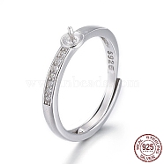 Adjustable Rhodium Plated 925 Sterling Silver Finger Ring Components, For Half Drilled Beads, with Micro Pave Cubic Zirconia, with 925 Stamp, Platinum, Size 6, 16mm, Tray: 3.5mm, Pin: 0.8mm(STER-F048-15P)
