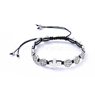 Adjustable Nylon Thread Braided Bead Bracelets, with Tibetan Style Alloy Beads and 304 Stainless Steel Beads, Saint Benedict Medal & Cross, Platinum, Inner Diameter: 2 inch~3-3/4 inch(5.1~9.6cm)(BJEW-JB05177-01)