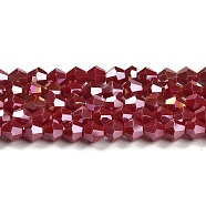 Opaque Solid Color Electroplate Glass Beads Strands, AB Color Plated, Faceted, Bicone, Dark Red, 4x4mm, Hole: 0.8mm, about 87~98pcs/strand, 12.76~14.61 inch(32.4~37.1cm)(GLAA-F029-P4mm-A01)