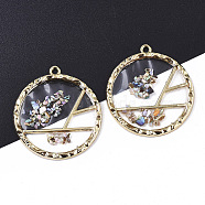 Epoxy Resin Pendants, with Shell and Light Gold Plated Alloy Open Back Bezel, Flat Round, Clear, 36x33x2mm, Hole: 1.8mm(X-RESI-T045-011)