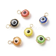 Evil Eye Resin Pendants, with Real 18K Gold Plated Friendly Copper Wire Wrapped, Flat Round Charm, Mixed Color, 18~19x11.5~12x6~6.5mm, Hole: 3~4mm(PALLOY-JF01800)