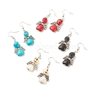 Synthetic Turquoise Skull with Wings Dangle Earrings, Halloween Brass Jewelry for Women, Mixed Color, 50mm, Pin: 0.7mm(EJEW-JE04944)