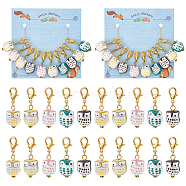 10Pcs 5 Color Handmade Porcelain Crochet Lobster Clasp Charms, Locking Stitch Marker with Wine Glass Charm Ring, Owl, Mixed Color, 3.9cm, 2pcs/color(HJEW-AB00217)