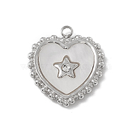 201 Stainless Steel Pendants, Heart Charms, with Crystal Rhinestone and Shell, Stainless Steel Color, 17x15x2mm, Hole: 1.6mm(STAS-J401-VC701)