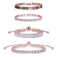 4Pcs 4 Style Cubic Zirconia Tennis Bracelets Set, Brass Link Chains Slider Bracelets, Rose Gold, 6-1/2~10-1/4x1/8 inch(16.4~26cm), 1Pc/style(BJEW-SZ0002-66RG)