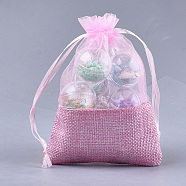 Organza Bags, with Burlap Cloth, Drawstring Bags, Rectangle, Pink, 17~18x12.4~13cm(OP-T004-01B-06)
