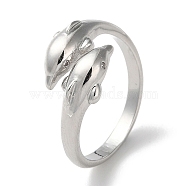 Brass with Cubic Zirconia Open Cuff Rings, Dolphin, Platinum, US Size 7(17.3mm)(RJEW-Z017-01P)