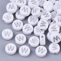 Plating Acrylic Beads, Silver Metal Enlaced, Horizontal Hole, Flat Round with Letter, White, Letter.W, 7x4mm, Hole: 1.2mm, about 309pcs/43g.(X-PACR-R243-04W)