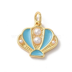 Rack Plating Brass Enamel Pendants, with Glass Pearl and Jump Ring, Long-Lasting Plated, Cadmium Free & Lead Free, Sea Shell, Real 18K Gold Plated, Sky Blue, 17x15x3mm, Hole: 3mm(KK-Z056-35G-02)