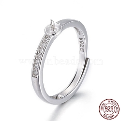 Adjustable Rhodium Plated 925 Sterling Silver Finger Ring Components, For Half Drilled Beads, with Micro Pave Cubic Zirconia, with 925 Stamp, Platinum, Size 6, 16mm, Tray: 3.5mm, Pin: 0.8mm(STER-F048-15P)