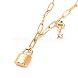 304 Stainless Steel Padlock and Skeleton Key Pendant Necklace for Women, Golden, 17.91 inch(45.5cm)(NJEW-G018-11G)
