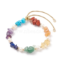 Natural Mixed Gemstone Chips Beaded Silder Bracelet with Pearl, 7 Chakra Jewelry for Women, Inner Diameter: 2-1/8~3-1/2 inch(5.4~9cm)(BJEW-JB08326)