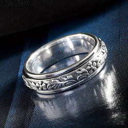 Retro Brass Finger Rings for Women, Embossing Flower Pattern, Platinum, US Size 6(16.5mm)(FS-WGFF21C-01)