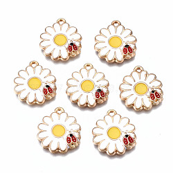 Eco-Friendly Alloy Enamel Pendants, Cadmium Free & Lead Free & Nickel Free, Light Gold, Flower with Beetle, White, 18.5x17x3mm, Hole: 1.5mm(X-ENAM-T011-89-NR)